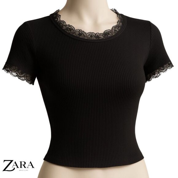 Zara Short Sleeve Lace Trimmed Ribbed Crop Top. Size Small - Picture 1 of 8